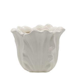Blomkruka med blad Fayence Creme H16/Ø18 cm